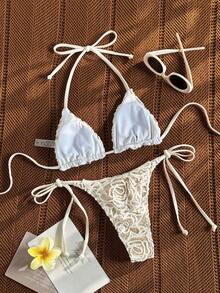 Bộ bikini nữ gợi cảm, đính sequin, kiểu buộc dây, thích hợp cho kỳ nghỉ hè, đi biển. - màu trắng nhạt - Xem 4