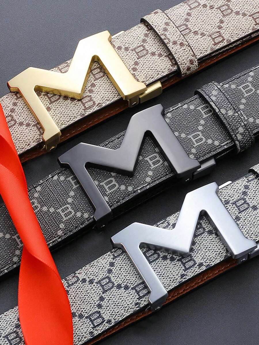 Men's New Zinc Alloy Textured Automatic Buckle Belt, Slim Fit Fashion Business Casual Belt, Durable Adjustable Waist Belt, Suitable For Jeans And Pants, Stylish And Comfortable Design For Daily Wear - Multicolor - View 1