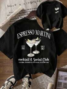 Casual Women's Retro-Style T-Shirt With Colorful Text Cocktail Print, Loose Fit, Round Neck, Short Sleeves, For Spring And Summer, Everyday Wear. - 黑色 - 查看 1