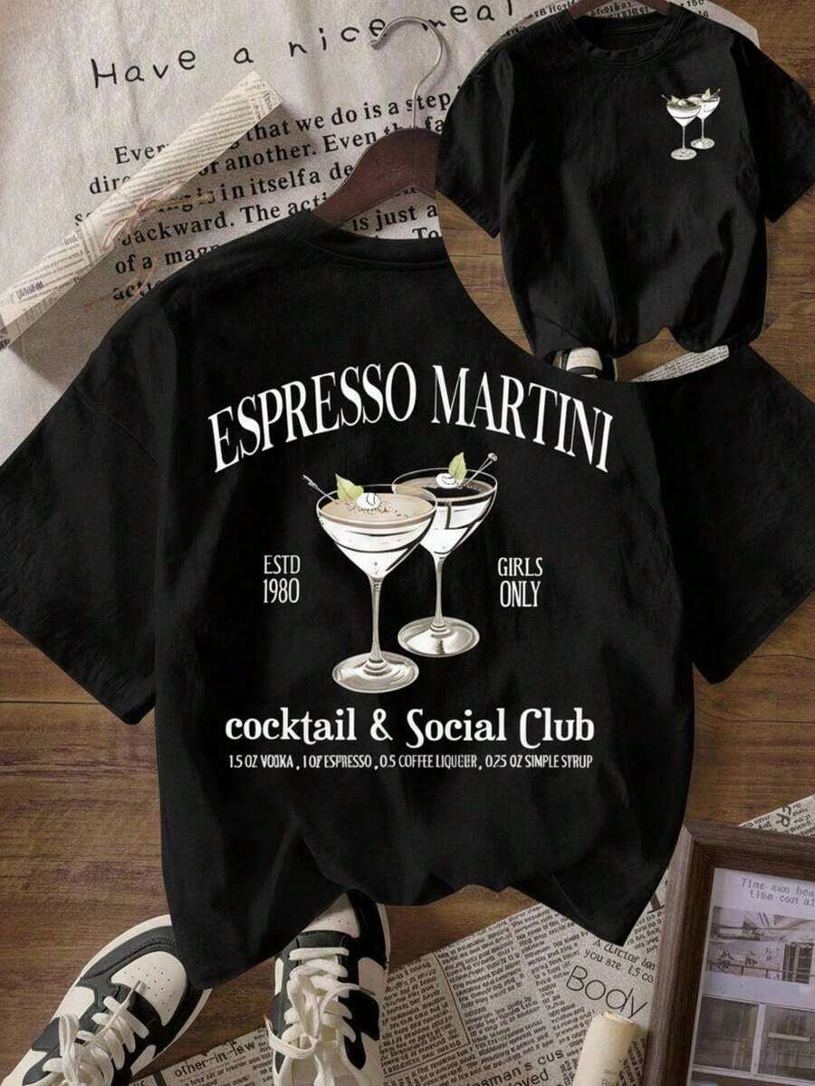 Casual Women's Retro-Style T-Shirt With Colorful Text Cocktail Print, Loose Fit, Round Neck, Short Sleeves, For Spring And Summer, Everyday Wear. - 黑色 - 查看 1