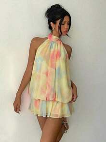 Vestido mini elegante de mujer con cuello halter y lazo en color amarillo claro - Amarillo claro 2 - Ver 7