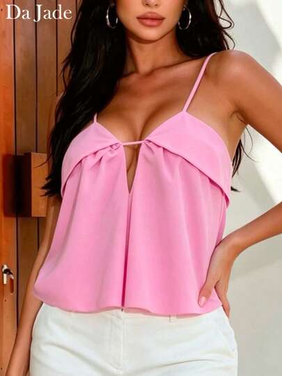 Da Jade 女士甜美法式覆盆子粉色吊带镂空领双层A字短款吊带背心，通勤、约会、外出、时尚休闲皆宜