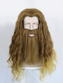 20-Inch Medium-Long Ombre Brown To Golden Curly Wig With Beard, Suitable For Adult Role Play, 80s Retro Wavy Wig, Hippie Rock Star Costume Party Beard Wig, Heatproof, Fashionable Silky Soft Fiber, High Density, Natural-Looking, Anime Cartoon Cosplay Wig, Holiday Gift - Multicolor - View 12
