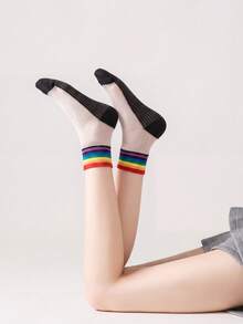5 Pairs Random Rainbow Striped Transparent Crystal Glass Fiber Breathable Mid-Calf Socks, Spring/Summer - Multicolor - View 7