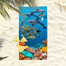 1条海底世界海豚珊瑚鱼沙滩巾，超柔软超细纤维特大号沙滩毯，超强吸水浴巾，适合旅行、游泳池、潜水、冲浪、瑜伽、露营，多种尺寸可选，沙滩配件 - 海底世界 - 查看 7