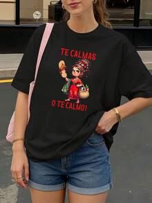 Camiseta Negra con Estampado de Mujer Tradicional y Texto Te Calmas O Te Calmo para Uso Diario - Negro - Ver 1