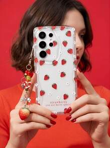 奶油色波浪边亮面草莓彩绘防摔手机壳，配手工串珠草莓吊坠，兼容 16/11/16 Pro/16 Plus/16 Pro Max/16 e/15 Pro Max/13/14/12/XS/XR/7G/8P，兼容Galaxy 11/12 Pro/12/12 X/13 Pro/14 Pro/15 Pro，兼容Redmi 10/9/Note9/12c/Note11 Pro/Note8 Pro，国际版，非国内版 - 彩色 - 查看 3