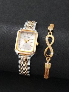 Bộ 2 chiếc đồng hồ nữ thời trang thường ngày, mặt vuông tối giản, máy quartz thanh lịch + vòng tay (Không bao gồm hộp đồng hồ) - Nhiều màu - Xem 3