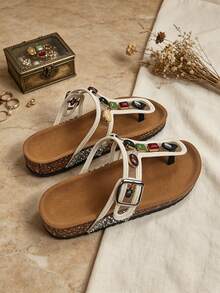 2026 Summer New Wide Fit Dopamine Colorful Rhinestone Soft Cork Thong Sandals, European And American INS Explosion, Retro Contrast Color Gemstone Thong Sandals, Suitable For Thick Feet, Friendly For Students, Versatile And Affordable - White - View 6