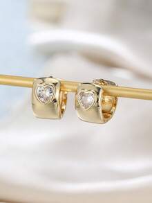 1对奢华可爱心形锆石耳环，女士时尚几何耳扣，浪漫情侣饰品，爱人礼物 - 耳環 - 查看 5