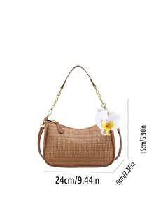 Brown Solid Color Women's Handbag With Yellow Faux Flower Pendant Decor. Features One Shoulder Strap Design, Woven Hollow-Out Design, Crescent-Shaped Silhouette, Smooth Metal Zipper Closure At Top, Single Handle And Adjustable Long Shoulder Strap. Can Be Worn As Shoulder Bag, Crossbody Or Handheld. Suitable For Women's Party, Travel, Business Trip, Daily Commute And Other Occasions, Versatile And Fashionable. - Brown - View 2