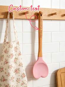 Personalized Pink Heart-Shaped Silicone Spatula, Customizable Name/Text/Logo, Fun Wooden Spoon Set, Personalized Silicone Spoon, Unique Heart-Shaped Design With Wooden Handle, Non-Stick And Heat-Resistant, Suitable For Stirring, Baking, Cooking, Etc., Personalized Home Kitchen Supplies, The Best Gift Choice For Her. - Pink - View 5