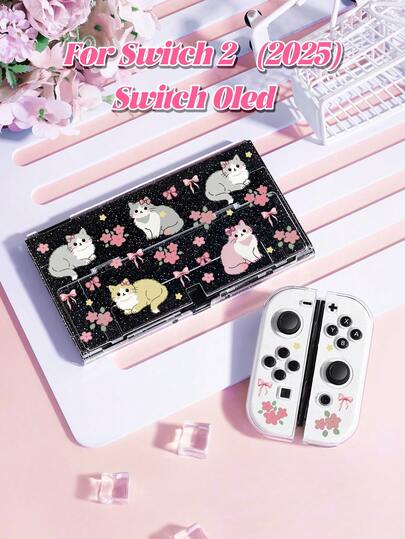 1 chiếc ốp lưng bảo vệ trong suốt lấp lánh hình mèo hoạt hình dễ thương và hoa, tương thích với máy chơi game Switch OLED (2025/2025), cũng phù hợp với tay cầm Joy-Con, món quà tuyệt vời nhất dành cho người chơi Switch.