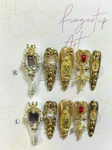 10 piezas Pegatinas de uñas con diamantes estilo palacio de lujo, calcomanías de arte de uñas elegantes y puntiagudas hechas a mano, set de cuidado de uñas (1 pegatina de gelatina + 1 lima de uñas) Uñas postizas - Dorado - Ver 5