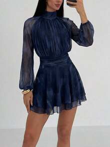 Vestido de manga larga ajustado con silueta de paraguas para mujer, nuevo para otoño/invierno, para uso casual/citas/salidas/maestras, vestido romántico con estampado de teñido anudado en púrpura y cuello alto con lazo en la cintura - Azul marino - Ver 3