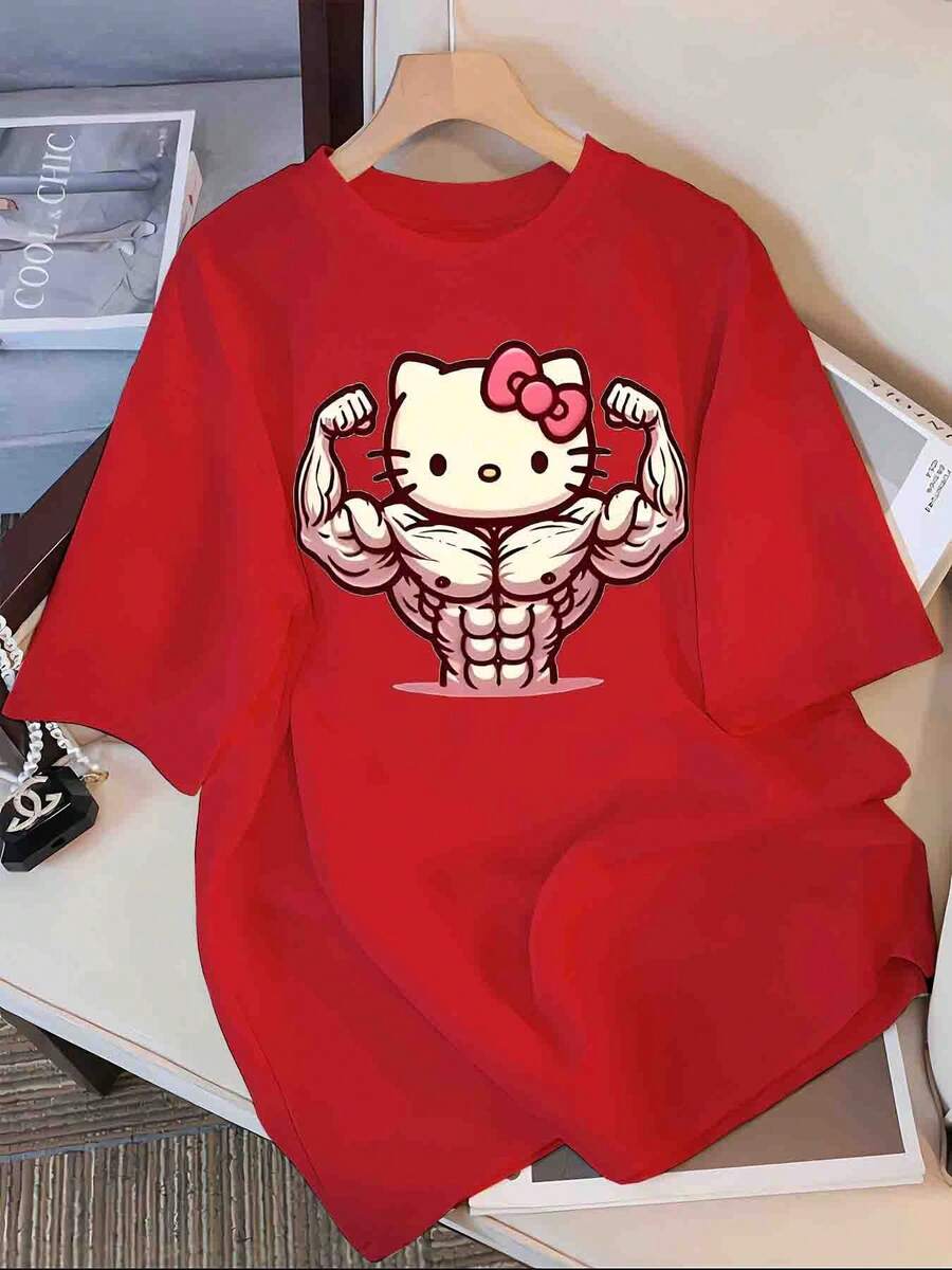 Unisex Size. Plus Size Women's Cotton T-Shirt, Ideal For Summer. Youthful T-Shirt With Anime Print. [Authorized] 2026 Spring/Summer/Autumn, New Short-Sleeved T-Shirt With A Round Neck, Loose Fit, Versatile For Home And Work, Co-Branded With Cartoon Designs. Sweat-Wicking Material, Soft And Comfortable Against The Skin. - 紅色 - 查看 1