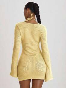 Resort Vestido corto de punto de ganchillo con nudo delantero, ajuste holgado, para cubrir, ideal para vacaciones, verano y viajes a la playa, básico de color sólido para resort - Amarillo claro - Ver 4