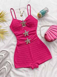 Mono de mujer con decoración de estrella de mar hueca, adecuado para fiesta y uso en casa - Rosa Fucsia - Ver 5