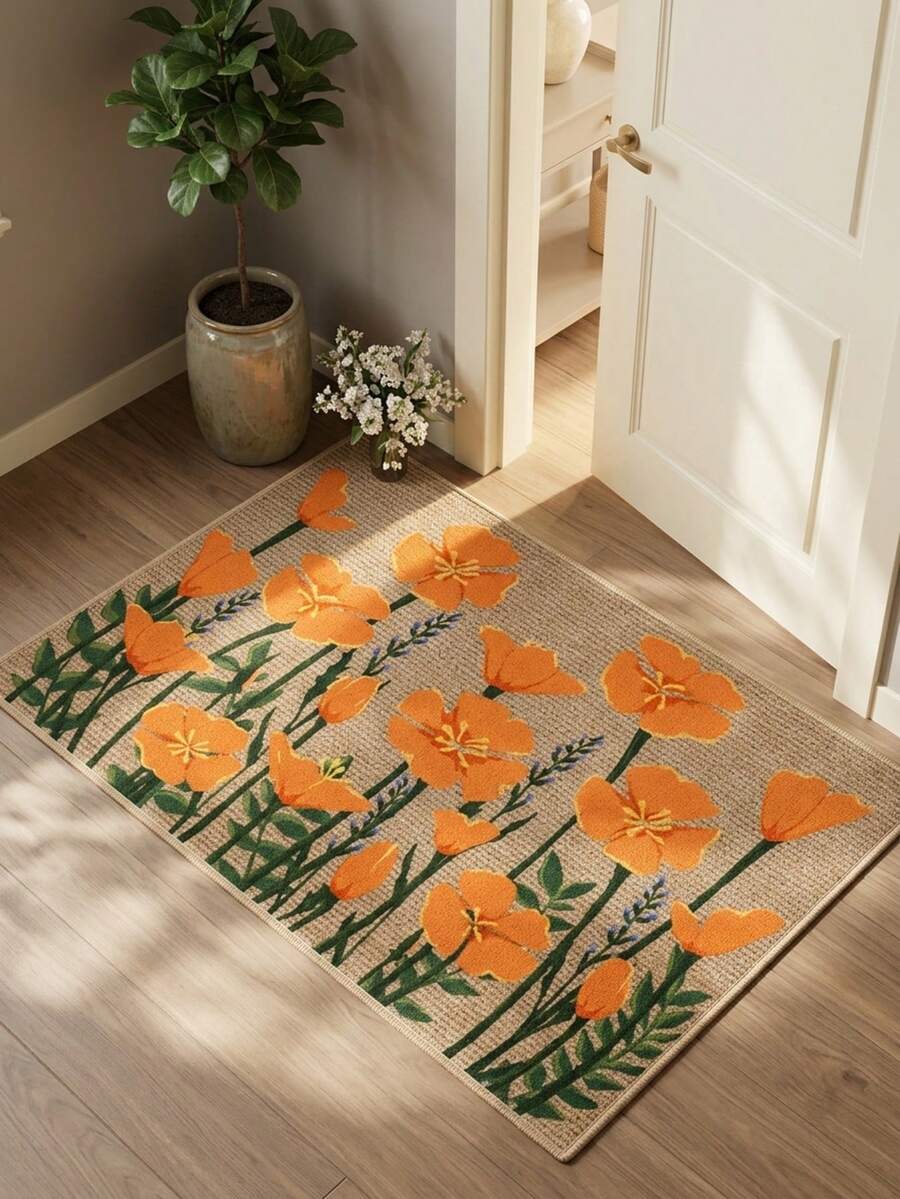 1pc Rug/Carpet/Bath Mat/Door Mat, American Luxury Classical - Floral Painting Pastoral Style Welcome Mat, Suitable For Bathroom, Kitchen, Entrance, Hallway, Bedside, Living Room, Bedroom, Machine Washable Soft Floor Mat, Aesthetic Home Decor - P - View 1