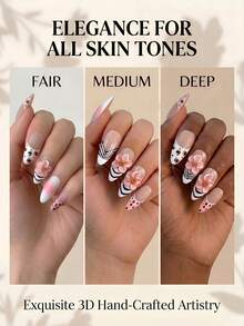 NAILS BASE 10片/組 粉色杏仁形長款法式漸層漸變假指甲，附玫瑰紅花朵，杏仁形甲片，適合辦公場合的中性華麗風，日式手工 P - 彩色 - 查看 6