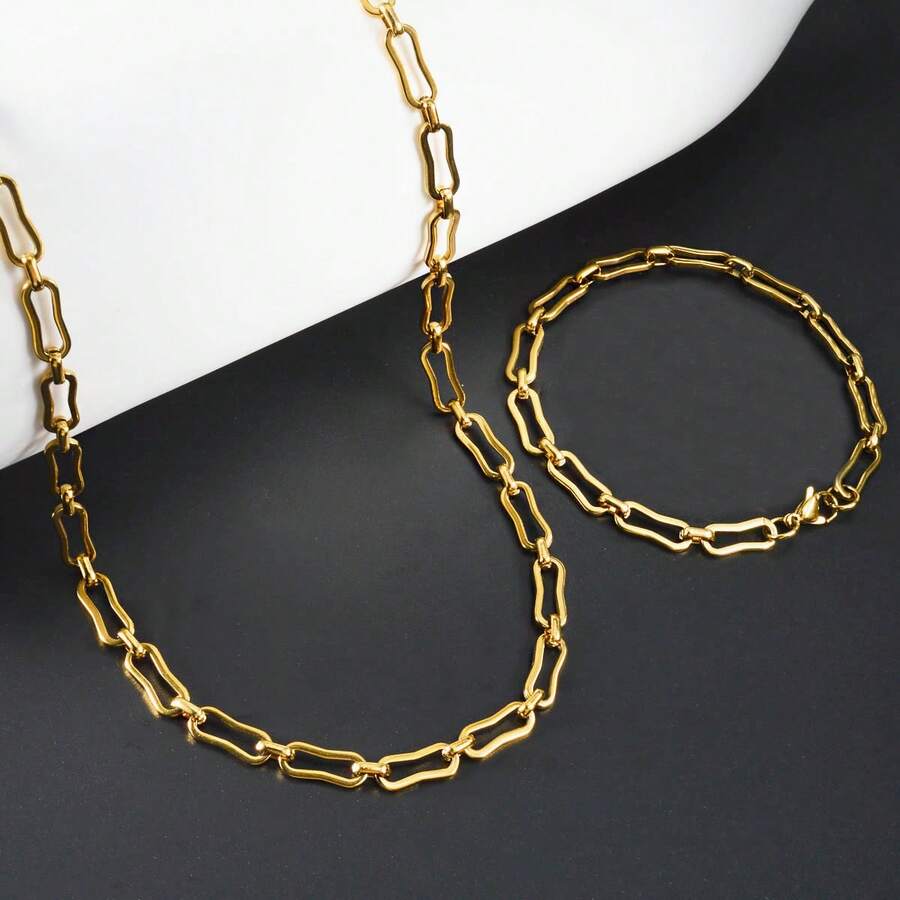 2pcs 18K Gold Plated Paperclip Necklace Bracelet Jewelry Set, Stainless Steel Non Tarnish Chain - Gold - View 1