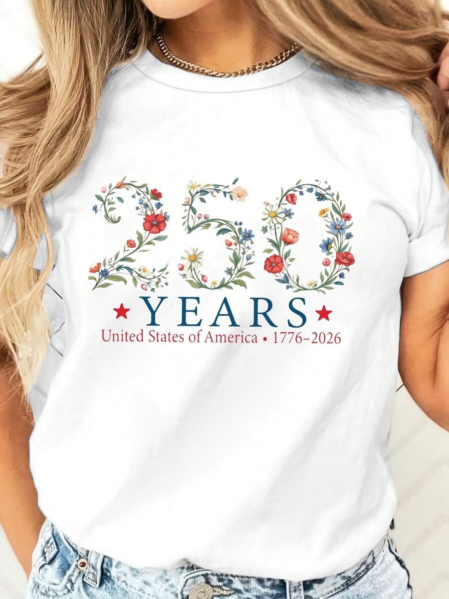 Casual T-Shirt Floral 250 Years United States Of America 1776 2026 Independence Day Celebration Patriotic Design For Women Men Casual Wear Summer Outfit Party Gift - trắng - Xem 1