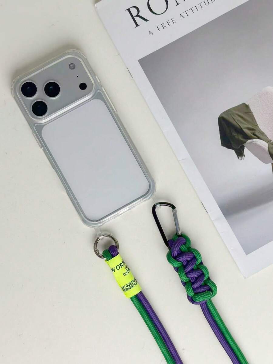 Color Block Braided Phone Lanyard & Clear Case Set, Detachable Crossbody Strap For IPhone 17 16 Promax - Green - View 1