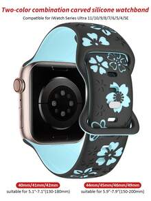 Floral Carved Watch Band, Compatible With Apple Watch Band 41Mm 40Mm 44Mm 45Mm 42Mm 38Mm 49Mm 46Mm, Cute Flowers, Soft Silicone Sport Band Compatible With Apple Watch Series 11 10 Se 9 8 7 6 5 4 3 Ultra, Women'S Fashion Floral Elements Watch Band,Compatible With Apple Watch Strap - LD004 Floral - Black and Ice Blue - View 5