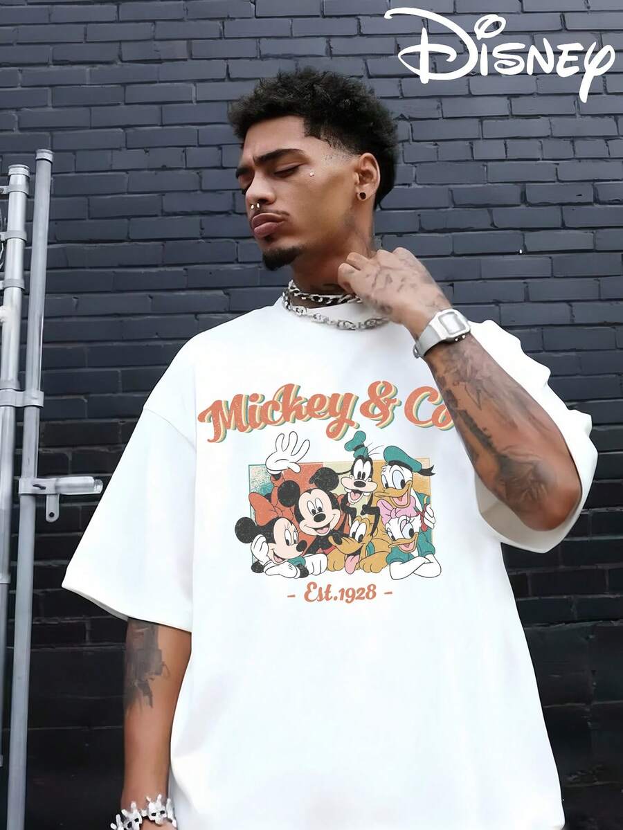 Disney Authorized Mickey Mouse Cartoon Pattern And Mickey Letter Print, Men's Black Pure Cotton Short Sleeved T-Shirt, Breathable White Short Sleeved T-Shirt, Suitable For Summer Wear, Neutral, Regular Round Neck Casual Style, Washable, Comfortable And Loose. - trắng - Xem 1