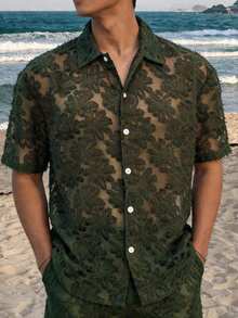 Men's Chrysanthemum Texture Semi-Sheer Short Sleeve Casual Shirt, Fashionable Summer Style - Green - View 3