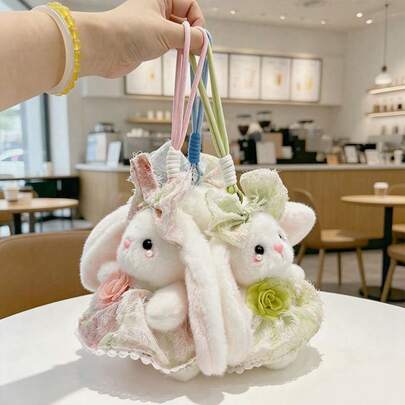 Móc khóa hình thỏ nhồi bông dễ thương mặc váy hoa, cao 15cm, dùng trang trí balo, búp bê mềm mại, quà tặng cho bé gái, học sinh, trang trí nhà cửa.