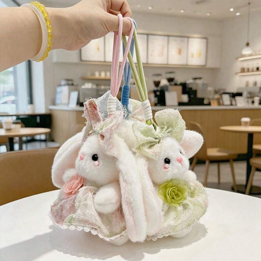 15厘米可爱碎花裙兔子毛绒挂件，背包钥匙扣装饰，柔软玩偶，送给女孩、学生的礼物，家居装饰 - 均碼 - 查看 1
