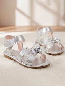 2026 Girls' 3-12 Years Silver Reflective PU Flat Sandals, Water Drop & Butterfly Net Decor, Non-Slip Soft Rubber Sole, Hook And Loop Strap, Dreamy Princess Style, Suitable For School, Party, Spring/Summer Princess Sandals - Silver - View 7