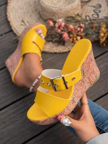 Summer New Vacation Style Buckle Decor White Women Platform Wedge Sandals, Thick Sole Open Toe Casual Slippers,Travel Essential - Yellow - View 6