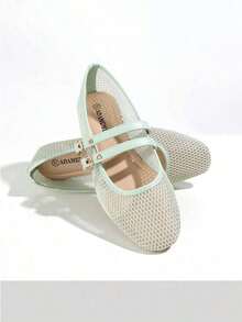 New Women Flat Ballet Mesh Shoes, Black And Beige, Round Toe, Solid Color Breathable Casual Flat Shoes, Fashionable And Comfortable - 綠色 - 查看 3