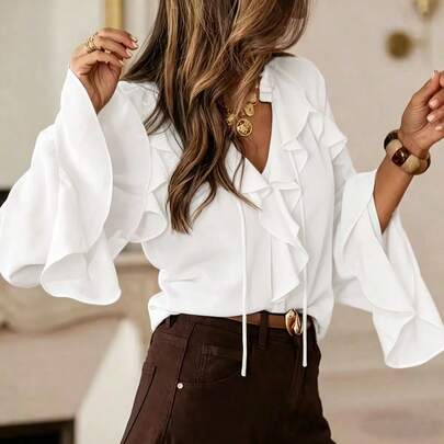 Elegant Versatile Blouse With Ruffle V-Neck, French Romantic Long Sleeve Shirt White Spring