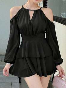 Vestido casual de mujer de unicolor elegante con mangas farol y hombros descubiertos - Negro - Ver 1