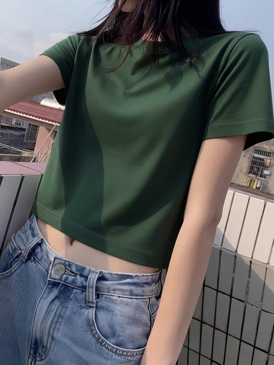 Short Sleeve T-Shirt, Solid Color, New Summer Style, Slim Fit, Versatile Round Neck Top Casual - Dark Green - View 1