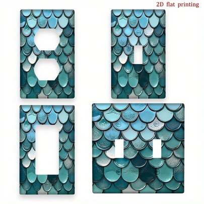 1pc Turquoise Blue & Turquoise Green Mermaid Scale Ceramic Light Switch Plate Cover - Glossy Shimmering Scales, Single/Double Outlet Cover, Easy Clip/Adhesive Installation, Suitable For Kitchen, Bathroom, Nautical And Ocean Themes (Mermaid, 2D Flat)