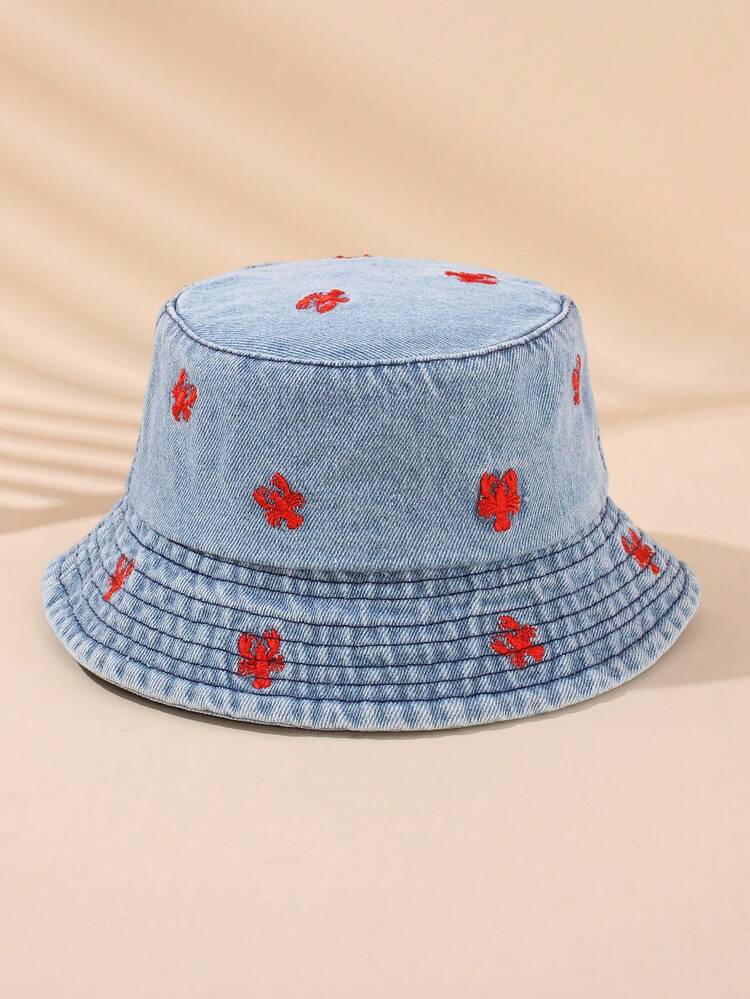 1pc Kids Lobster Embroidered Denim Bucket Hat, Unisex Casual Beach Hat - Dark Blue - View 3