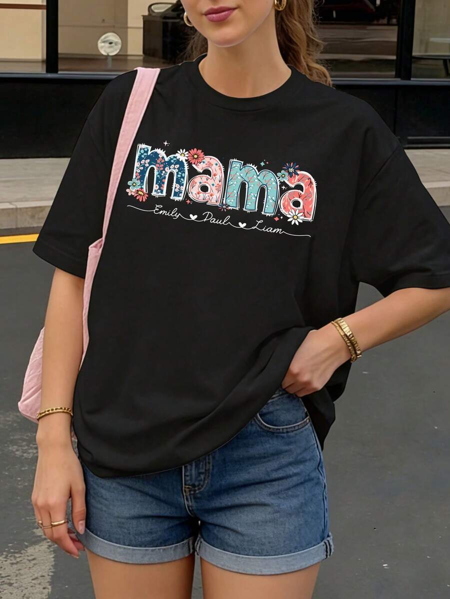 Camiseta negra con estampado floral y texto mama personalizado para mamás en ocasiones casuales - Negro - Ver 1