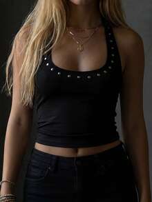 Women's Black Polyester Studded Cropped Camisole Top, Medium Stretch Casual Summer - Black - View 2