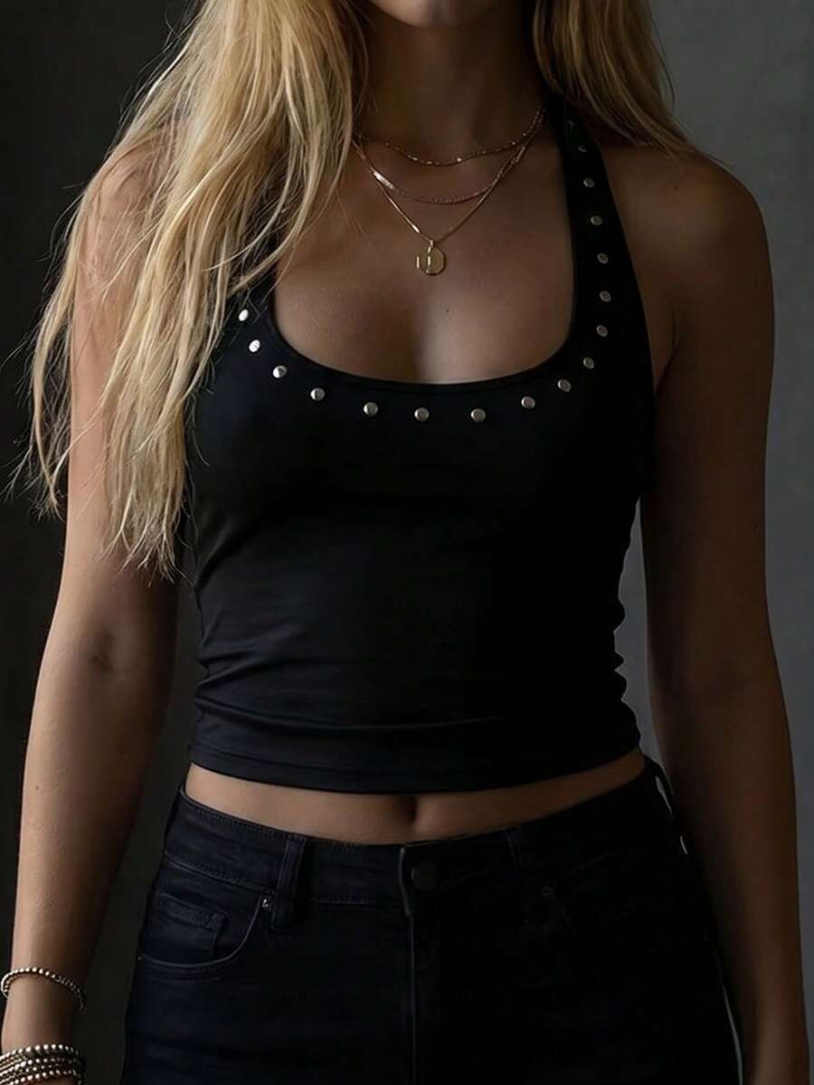 Women's Black Polyester Studded Cropped Camisole Top, Medium Stretch Casual Summer