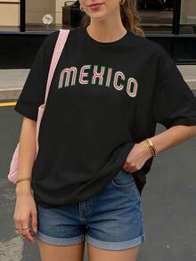 Camiseta Oversize Negra con Estampado Mexico para Mujer Casual Verano - Negro - Ver 1