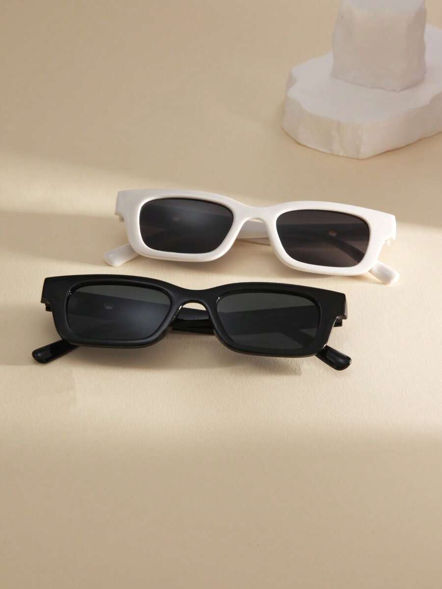 2pcs Retro Street Style Rectangular Small Frame European & American Women's Fashion Glasses, Suitable For Daily Wear, Summer Beach, Street Style, Vacation, Sports, Driving, Festivals, Beach, EDM, Street Style, Fishing, Outdoor Activities, Decorative Street Photography - 2 Black and White - View 1