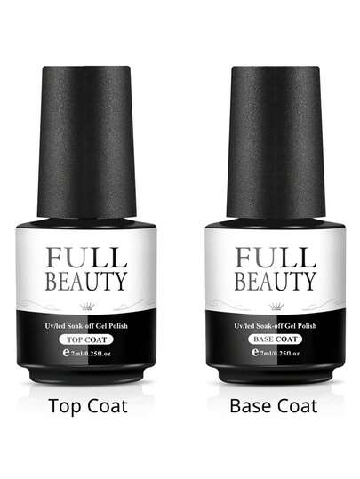 FULL BEAUTY 2盒7毫升底油和亮油，适用于凝胶指甲油，透明亮泽，可卸除，持久指甲油