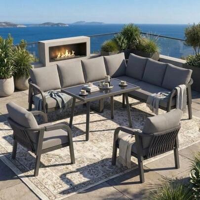 Garden Dining Set, Garden Furniture Set, Seats Up To 8 People, Woven Armrests And Backrests, Galvanized Steel Tubes, Includes A Corner Sofa, A Dining Table And Two Armchairs, Color: Grey