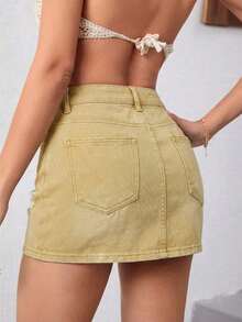 Women Denim Skirts - 卡其色 - 查看 5
