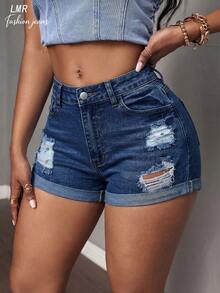 女式性感弹力磨边破洞牛仔短裤 - 深色水洗藍 - 查看 2