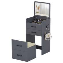 HNEBC 3-In-1 Vanity Desk With Flip Mirror, Makeup Vanity With Drawers & Stool, Compact Vanity Desk For Bedroom, Multi-Function Dresser For Women, Girls - Xám - Xem 9